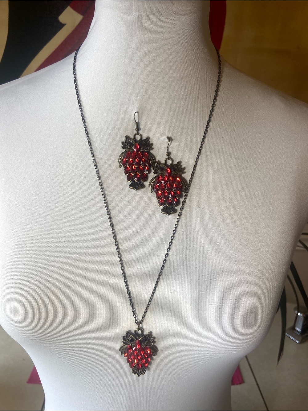 Red Crystal Owl Pendant Necklace & Earrings Set